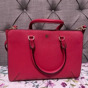 Tory Burch Robinson Small Zip Tote Dark Peony